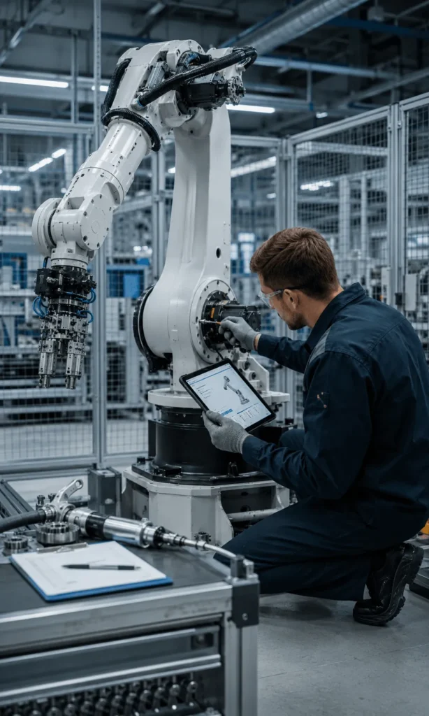 Technician performing preventive maintenance on an industrial robot with a tablet