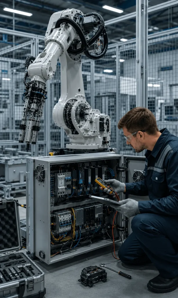 Fault diagnosis with a multimeter on an industrial robot control cabinet