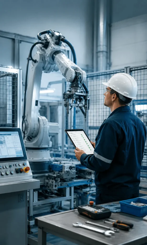 Technician checking an industrial robot’s condition on a tablet to avoid unplanned downtime