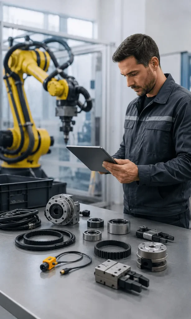 Inspection of industrial robot parts (gearboxes, cables) before a line restart