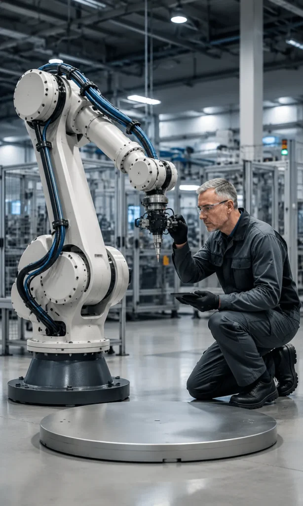 Technician inspecting an industrial robot base to track fleet condition