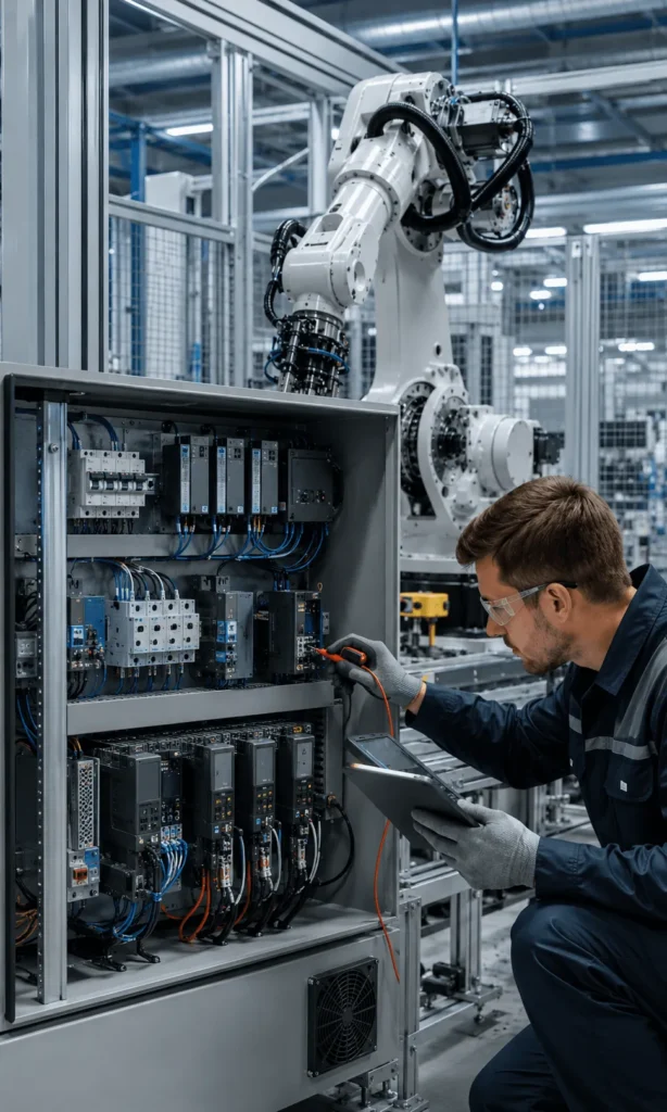 Checking the electrical components of an industrial robot controller cabinet