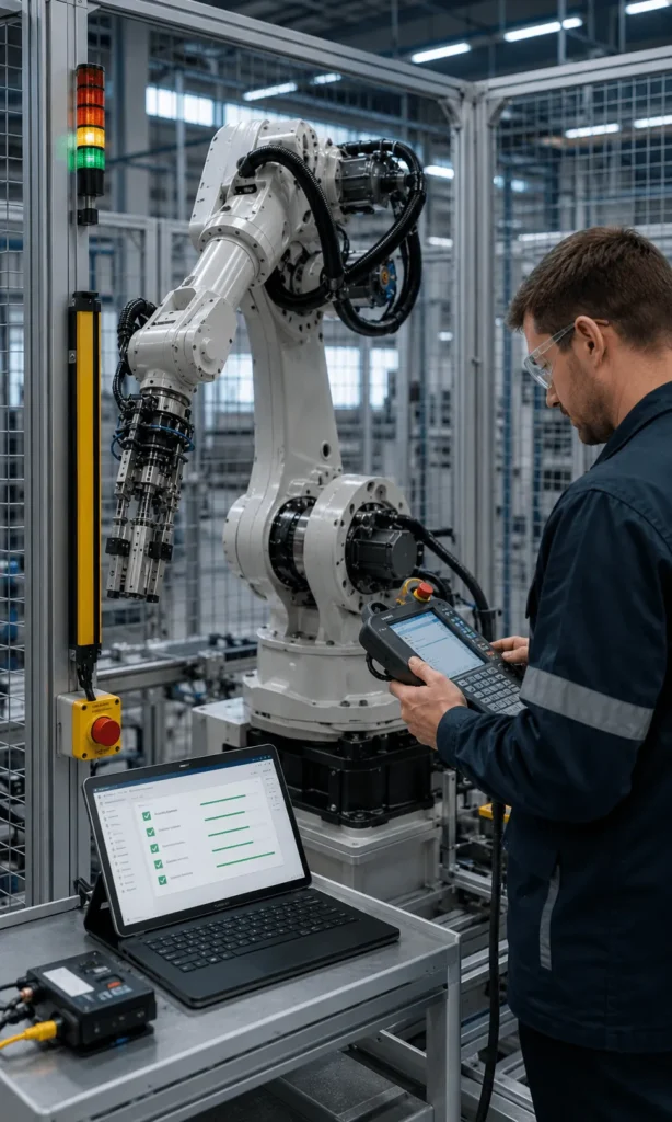 Checking backups and safety of an industrial robot with teach pendant and laptop