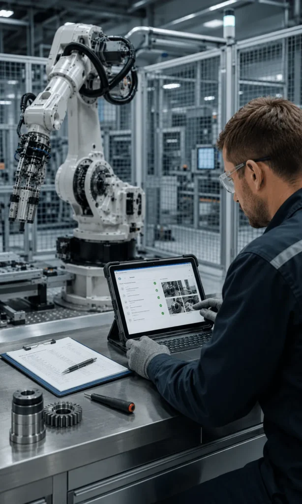 Technician writing the service report after preventive maintenance of a robot